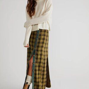 Free People Olive Plaid Button-Front Midi Skirt with Denim Trim